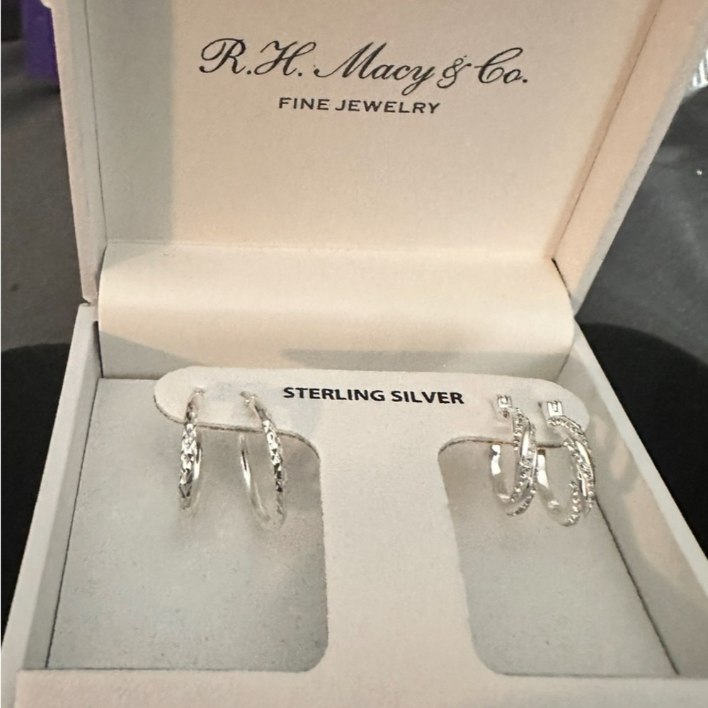 NWT Macy's 2-Pc. Set Textured Small Hoop Earrings in Sterling Silver - Picture 2 of 4
